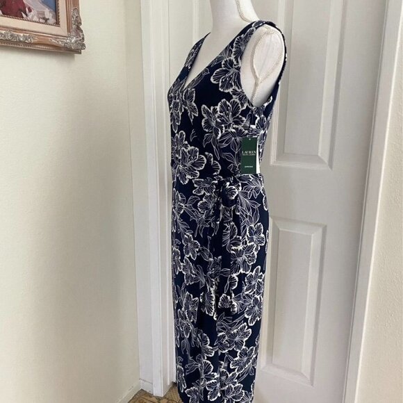 Lauren Ralph Lauren Sz 8 Printed Matte Jersey Faux Wrap Dress Lighthouse Navy - Picture 3 of 9